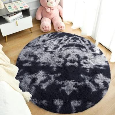 Image of MOONLIGHT20015 Round Rugs Living Room Fluffy Shaggy Dark Grey Area for Bedroom 120x120cm Anti Slip Modern Super Soft Thick Pile Plush Carpet Non Shedding Easy To Clean Rug, Tye Dye