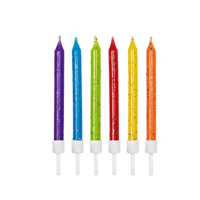 Image of Anniversary House Glitter Candles Multi Coloured Rainbow Mix with Holders Pack of 12