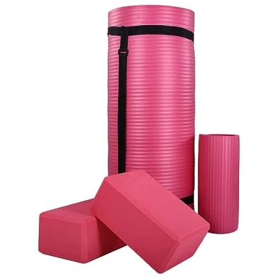 Image of BalanceFrom All Purpose 71&quot; x 24&quot; 1 Inch Extra Thick High Density Anti Tear Exercise Yoga Mat, Knee Pad with Carrying Strap &amp; 2 Blocks, Pink