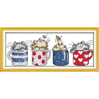 Image of OWN4B Cross Stitch Kits Stamped, Cats Hide in The Cups Printed Pattern 11CT 14.6x6.7 inch DIY Embroidery Kit