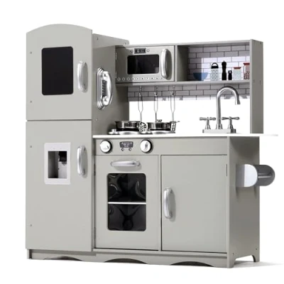 Image of KIDOZ Signature Wooden Toy Kitchen, Large Pretend Play Kitchen with Realistic Oven, Microwave And Sink Taps, Playset Sounds Lights For Kids (New Grey (Kitchen Utensils)