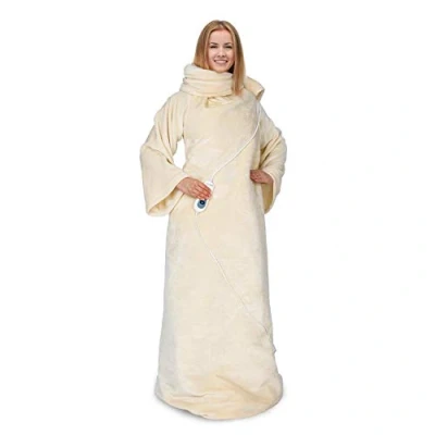 Image of KLARSTEIN Electric Blanket, Blanket with Sleeves, Cosy Sofa Power: 120 Watts, 155 x 180 cm, 3 Power Levels, Washable, Cable Length: 230 Material: Coral Fleece Beige