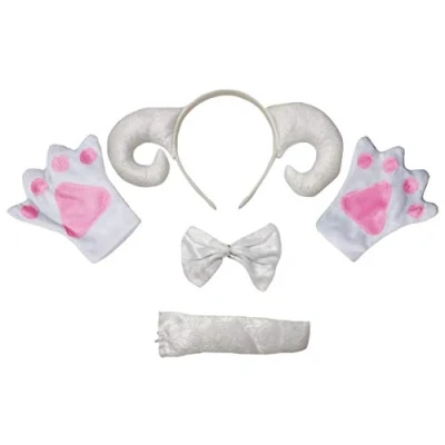 Image of Petitebelle Headband Bowtie Tail Gloves 4pc Children Costume 1 5y (White Silver Sheep Goat, One size)
