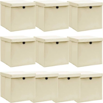 Image of vidaXL Storage Boxes with Lid 10 pcs Cream 32x32x32 cm Fabric