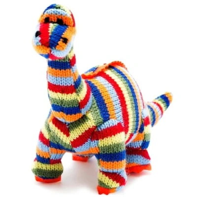Image of Small Knitted Multi Striped Diplodocus Dinosaur Baby Rattle. Suitable from Birth
