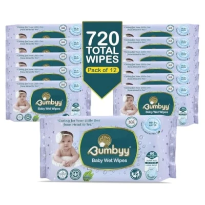 Image of Bumbyy Baby Water Wipes Biodegradable Wet Wipes, 720 Count (Pack of 12) 99.9% Based, Unscented with Aloe Vera &amp; Chamomile Extract 100% Plant Alcohol Chlorine Free