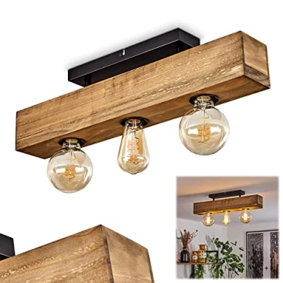 Image of Ceiling Light Berat, Elongated lamp Made of Metal/Wood in Black/Dark Brown, Modern with Wooden Beam, 3 Flame, x E27, Without Bulbs