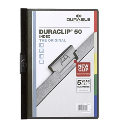 Image of Durable DuraClip 50 Index Folder with 5 Part Divider for 1 Sheets A4 Black Ref 2234/01 (Pack of 25)