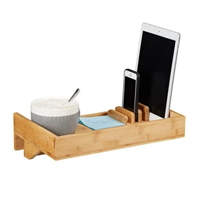 Image of Relaxdays Bedside Shelf &amp; Organizer, Mini Clip on Nightstand, Bamboo, Beverage Holder D. 9 cm, Organization Tray, Natural