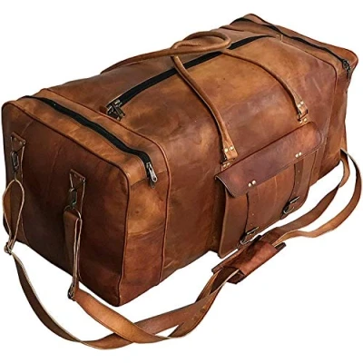 Image of Large Leather 32 Inch Luggage Handmade Duffel Bag Carryall Weekender Travel Overnight Gym Sports Carry On for Men and Women