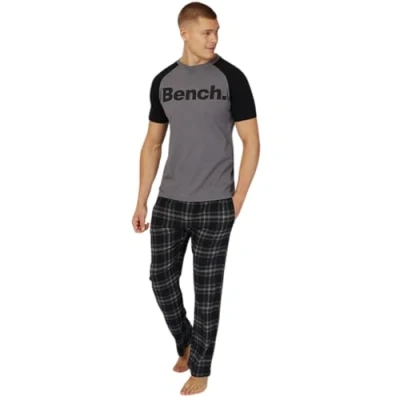 Image of Bench Mens Dunnit Short Sleeve Pyjama Top and Bottoms Set Black Check M