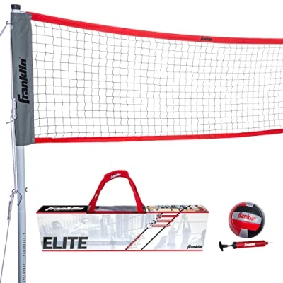 Image of Franklin Sports Elite Volleyball Net Set Includes Pro Style with Pump, Poles/Net, Stakes, Ropes, Boundary Kit Beach or Backyard Easy Setup