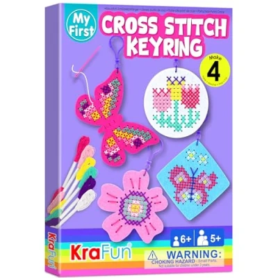 Image of KRAFUN Cross Stitch Kits for kids Beginners, 4 Stitching Keyrings Arts &amp; Crafts with Butterfly and Flower, Needlepoint Embroidery Kit Girls 5 13 Craft Backpack Charms, Ornaments