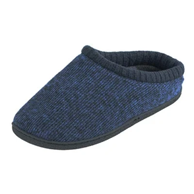 Image of E G O Mens Slippers Navy Kniited Upper Grey Fleece Lining Deep Cushioned Insole Tough Hard Non Slip Sole 12 UK