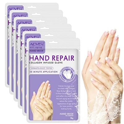Image of CCKULOOB Hand Mask, 6 Pairs Super Hydrating Mask Moisturizing that Enriched with Collagen, Shea Butter, and Vitamin E to Revive Dry, Rough Cracked Skin (6 Lavender)