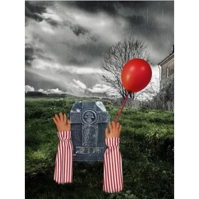 Image of Smiffys Horror Clown Lawn Prop with Arm Stakes, Headstone &amp; Balloons, Halloween Fancy Dress Accessory, Up Party Goods