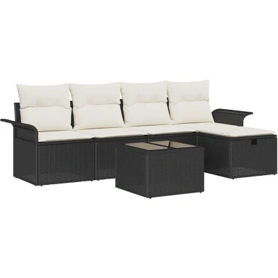 Image of vidaXL 6 Piece Garden Sofa Set with Cushions Black Poly Rattan