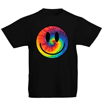 Image of Youth Kids Childrens Tie Dye Happy Smile Face Acid Rave T Shirt Black 5 6 Years (S)