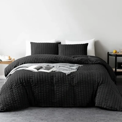 Image of My home store Seersucker Black King Size Duvet Cover Sets with 2 Pillowcases Soft Breathable 3 Pcs Quilt Polyester Cotton Bedding Set