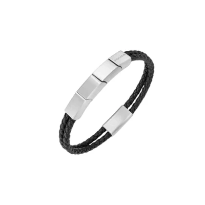 Image of Police Men&#039;s Parallel Stainless Steel Wing logo Duo Row Black Leather Bracelet