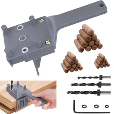 Image of 44PCS Handheld Dowel Jig Kit with drill Guide Block, Professional Woodworking Doweling Jig, Metal Sleeve Wood Drilling for Accurate Dowels, includes 6/8/10mm bits, 30 wooden dowels (grey)