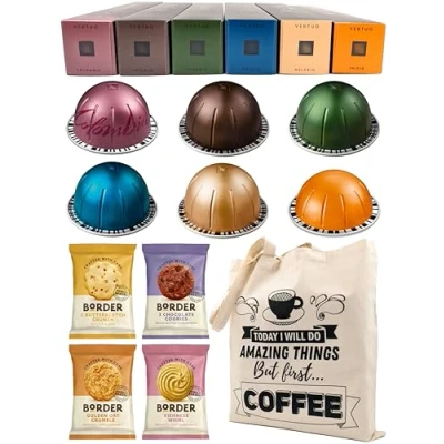 Image of Nespresso Vertuo Coffee Capsules Selection Inizio, Colombia, Intenso, Stormio, Melozio &amp; Odacio 6 Boxes (60 Pods) Bundled with Border Biscuits Giftable Tote Bag