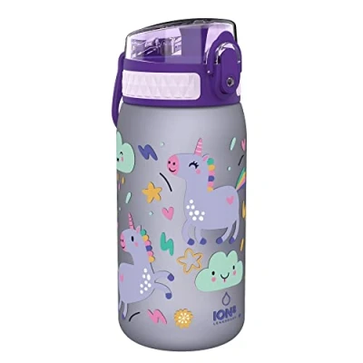 Image of Ion8 Kids Water Bottle, 350ml, Leak Proof, One Finger Open, Dishwasher Safe, BPA Free, Flip Cover, Carry Handle, Spill free On The Go, Easy Clean Carbon Neutral Recyclon, Purple, Little Unicorn Design