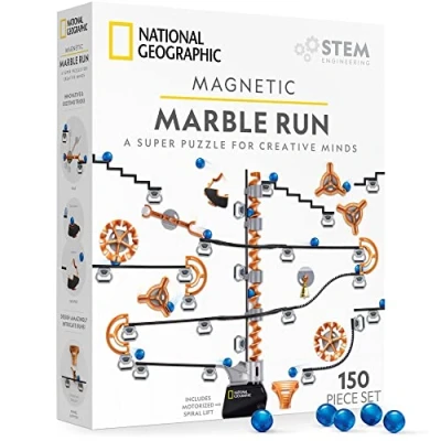 Image of NATIONAL GEOGRAPHIC Magnetic Marble Run 150 Piece STEM Building Set for Kids &amp; Adults with Track Trick Pieces Marbles A Maze On Any Surface