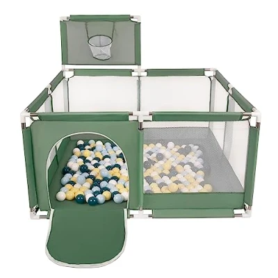 Image of Selonis Square Play Pen Filed with 200 Balls Basketball, Green:Dark Turquoise/Pastel Blue/Pastel Yellow/White