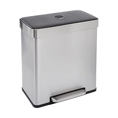 Image of Amazon Basics Rectangular Recycling Rubbish Bin with 2 Compartments, 60 Litres, Silver