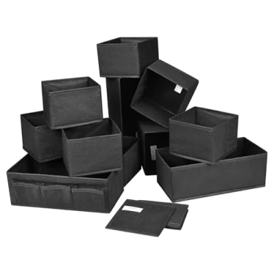 Image of DIMJ 12 PCS Dresser Drawer Organiser Fabric Storage Box Foldable Wardrobe Dividers Cubes for Socks, Underwear, Ties, Scarves, Cosmetics (Black)