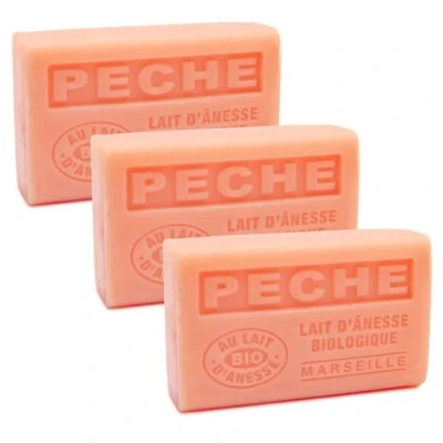Image of Label Provence Savon de Marseille French Soap Made With Fresh Organic Donkey Milk Peach Fragrance 125 Gram Bar Set of 3