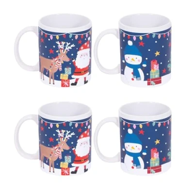 Image of Set Of 4 Christmas Mugs Santa Snowman Design Xmas Festive Tea Coffee Cups Home Kitchen Mug