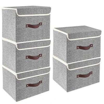 Image of TYEERS Collapsible Storage Box with Lid, Fabric for Clothes, Wardrobe Storage, 38x25x25 cm, Set of 5, Grey