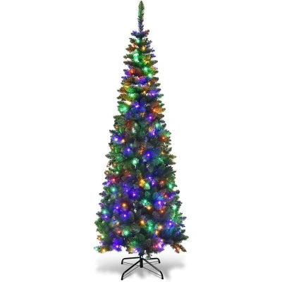 Image of SHATCHI 4Ft 8Ft Pre Lit Artificial Slim Christmas Pencil Tree Holiday Home Decorations, Pointed Tips, Warm White/Multicolour LEDs and Metal Stand, Green W/Mullticolour, 7Ft