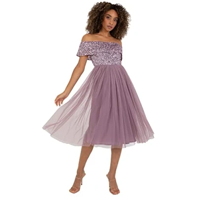 Image of Maya Deluxe Women&#039;s Ladies Bardot Dresses Midi High Empire Waist Sequins Embellished Formal Evening for Wedding Guest Bridesmaid, Moody Lilac, 18