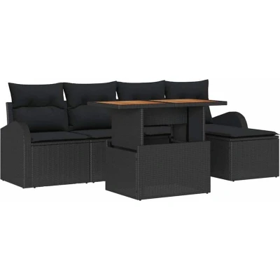 Image of vidaXL 6 Piece Garden Sofa Set with Cushions Black Poly Rattan