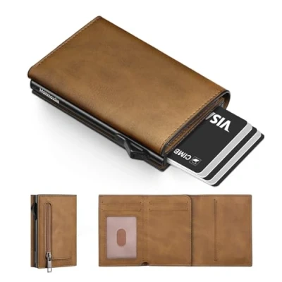 Image of Manmaxim Mens Wallets, Slim Wallets for Men RFID Blocking, Pop Up Credit Card Holder Minimalist Wallet, Smart Metal Wallet with Coin Pocket &amp; ID Window (Brown)