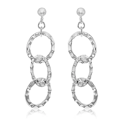 Image of Tuscany Silver Women&#039;s Sterling 15mm x 48mm 3 Ring Hammered and Polished Drop Earrings
