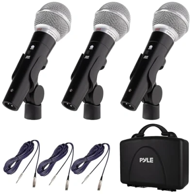 Image of Pyle 3 Piece Professional Dynamic Microphone Kit Cardioid Unidirectional Vocal Handheld MIC with Hard Carry Case &amp; Bag, Holder/Clip 26ft XLR Audio Cable to 1/4&#039;&#039; Connection (PDMICKT34)
