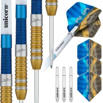 Image of Unicorn Darts Set Gary &#039;The Flying Scotsman&#039; Anderson Duo 90% Tungsten Barrels with Two Tone Blue &amp; Golden Titanium Coatings Steel Tip Volute Points 21 g