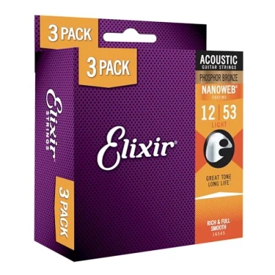 Image of Elixir Strings, Acoustic Guitar Phosphor Bronze with NANOWEB Coating, Longest Lasting Rich and Full Tone Comfortable Feel, 3 pack, Light 12 53