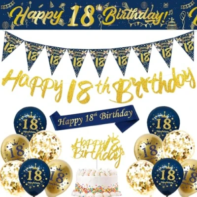 Image of 18th Birthday Decorations Men,Blue Gold Happy Banner,18th Balloons,Bunting Flags,Sash,Cake Toppers for Men Women Blue Party Supplies