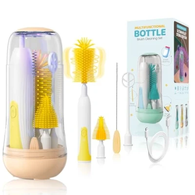 Image of Orzbow Electric Baby Bottle Brush Set,Portable Brushes for Cleaning with UV Steriliser,Milk Frother Electric,Nipple and Straw Brush,Bottle Drying Rack,Baby Travel Essentials,Vibrant Yellow