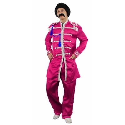 Image of Adults Pop Sergeant Costume Small Pink Jacket with Braiding and Trousers 60s Music Themed Fancy Dress