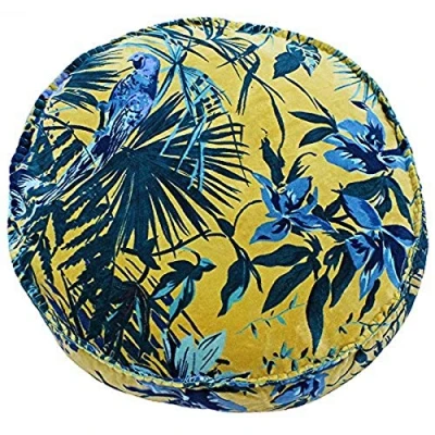 Image of Riva Paoletti Amazon Round Polyester Filled Cushion Blue and Yellow Jungle Palm Plant Print Faux Velvet Machine Washable 100 Case (20&quot; x 20&quot; 5&quot; inches), Cotton, Teal, 50 12cm