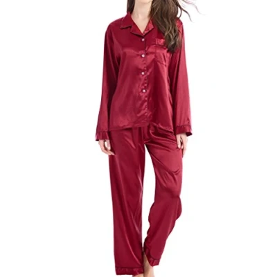 Image of Women’s Pyjama Set Satin Long Sleepwear Nightwear Loungewear (Burgundy with Black Piping, Large)