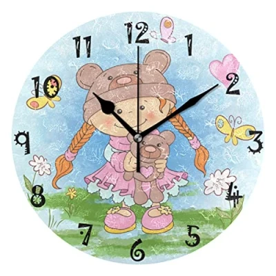 Image of Cute Cartoon Girl Bears Wall Clock Silent Non Ticking Battery Operated Round Clocks for Boys Girls Home Room Bedroom Kids