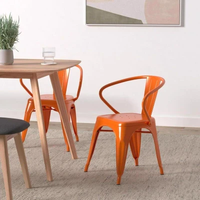 Image of Roy Orange Set of 4 Stackable Metal Dining Chairs with Curved Slatted Back Industrial Bistro Caf&#039; for Indoor Outdoor Use Galvanised Steel