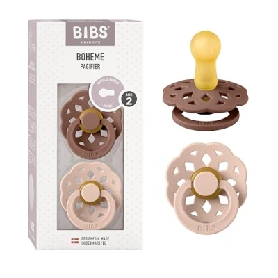 Image of BIBS Boheme Soother 2 Pack. BPA Free. Round Nipple, Size (6 18 Months), Woodchuck/Blush